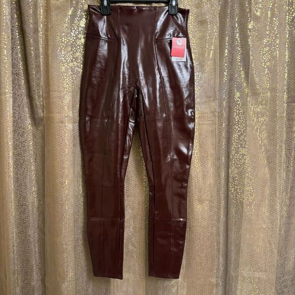 Spanx Faux Patent Leather Liquid Ruby Maroon Leggings Small Petite NWT - Picture 1 of 11